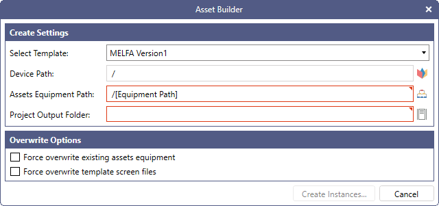 Asset Builder settings screen